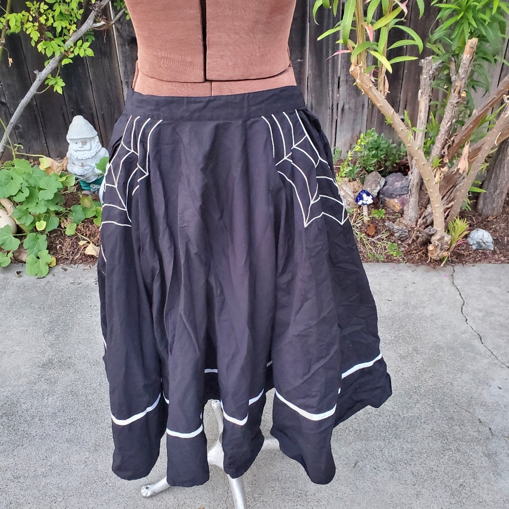Hell Bunny Black Midi Skirt with White Spiderweb Trim